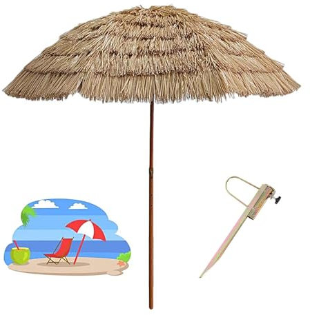 Sombrillas de Jardín Antiviento Paraguas de Paja Portátil Para El Hogar La Superficie Del Paraguas se Puede Inclinar Sombrilla de Playa Tropical(Color:Natural E)