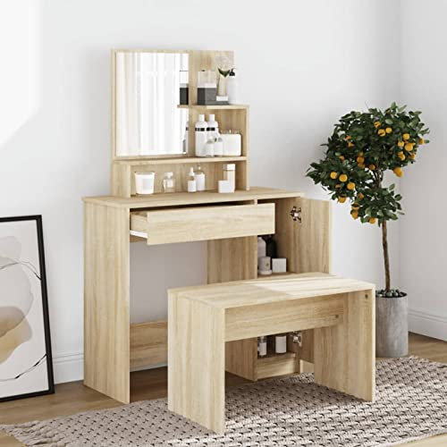 Homgoday Schminktisch-Set Eiche Sonoma 86,5 x 35 x 136 cm, Möbel, Schminktisch mit Spiegel, Schminktisch mit Spiegel, Make-up-Station