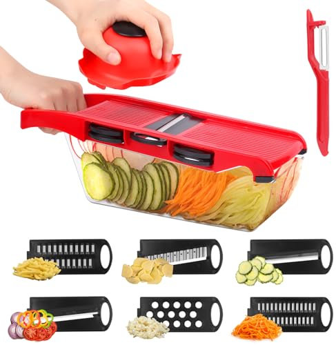 MXTIMWAN Coupe Legumes Multifonctions,Mandoline Cuisine,rapeuse legume manuelle,Decoupe Legumes avec 6 Lames Tranchantes en Acier Inoxydable Interchangeables,Coupe Oignon Manuel,Cuisine Accessoires