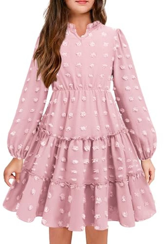 Arshiner Robe Fille Col en V à Manches Longues Bouffantes en Mousseline de Soie - Princesse à Volants Belle pour Anniversaire - Rose 9-10 Ans