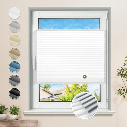 Plissee ohne Bohren Verdunkelung Klemmfix Weiß 90x150cm Thermo Plissees 100% Verdunklung Rollos für Fenster & Tür Verdunklungsplissee ohne Bohren Sichtschutz und Sonnenschutz