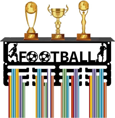 CREATCABIN Fußball Medaillenhalter Trophäenregal Medaillenaufhänger Display Mit Haken Regalständer Sport 4 Reihen Wandhalterung Für 70+ Medaillen Männer Frauen Schwimmen Auszeichnungsregal 29x13x10cm