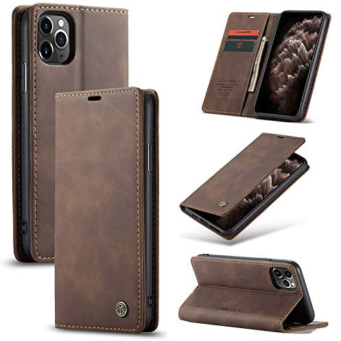 owlhold hülle iPhone 11 Pro klapphülle Premium Lederhülle Weiches Vintage-Nubukleder Faltbare Ständer Schutzhülle Kartenfach Standfunktion stoßfest Handyhülle iPhone 11 Pro -Kaffee