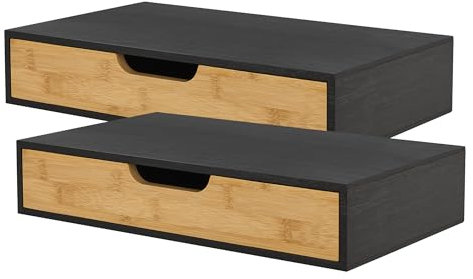 [en.casa] Set de 2 Estantes Pared Bokn para Llaves Libros Gafas Lámpara Estantería 2 Mesillas de Noche Mural con Cajón máx. 5 kg Bambú 40 x 24 x 8 cm - Negro y Natural
