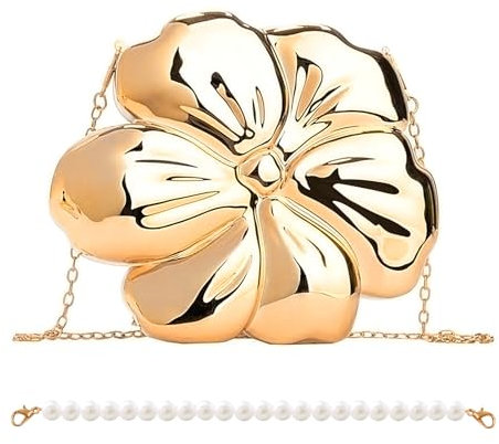 SEATOGEM Handtasche Damen, Crossbody Bag Damen, Handtasche mit 2 Auswechselbaren Ketten, Geldbörse Damen mit Blumenform, Portemonnaie Damen, Bauchtasche Damen, Umhängetasche Damen(Gold)