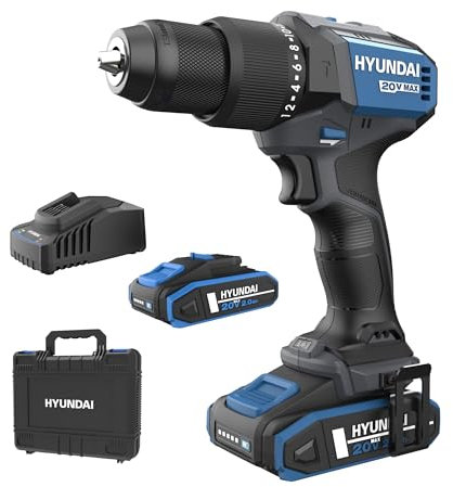 HYUNDAI Akku-Schlagbohrschrauber HD20X-60-2A2 | 20V, bürstenloser Motor, 60 Nm, 13mm Metallbohrfutter, 2-Gang-Metallgetriebe | Lieferumfang: Akkuschrauber, 2 x 2.0Ah Akku, Ladegerät, Koffer