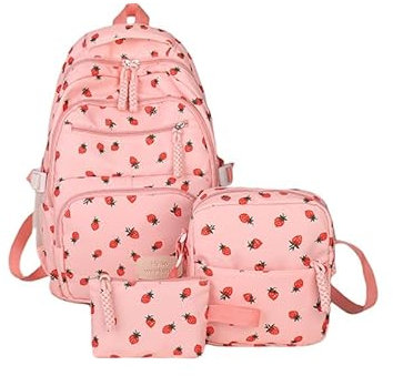 TIAASTAP Aesthetic School Bag for Girls Cute Backpack Sets Preppy School Backpack Kawaii Girls Rucksack for Teenage Secondary Primary Middle School (B01 Strawberry Pink)