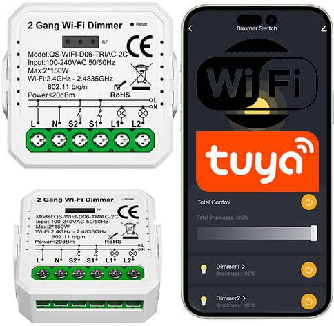 Sone Smart One 2-Kanal WiFi Dimmer Tuya, 150W pro Kanal, TRIAC kompatibel, Smart Dimmschalter für LED Lampen, Steuerung mit Alexa, Google Home & Tuya App,