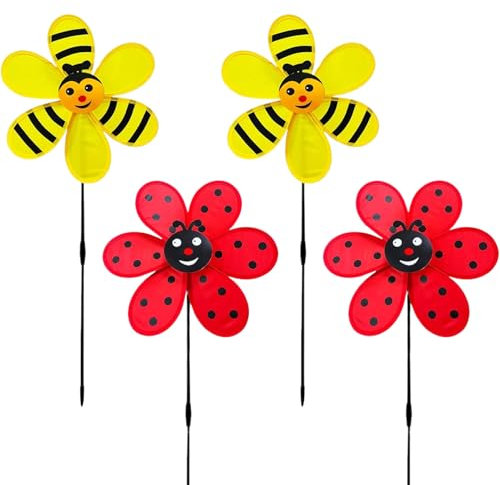 4Pack Bee And Ladybird Wind Spinners For Garden Colorful Pinwheel Windmill For Lawn Party Decoration Windmills For Garden Balcony Patio Yard Outdoor Lawn Decoration