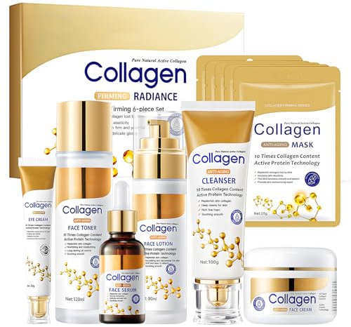 Coffrets de Soins pour la Peau, Collagène Coffret Soin Visage Femme, Coffret Soin Inclure Nettoyant Visage, Toner Visage, Crème Visage, Collagene Masque, Serum Visage, Creme Yeux, 11 Pièces