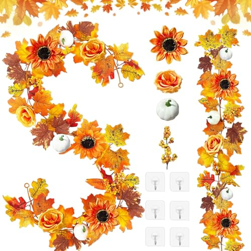 Künstliche Herbstgirlande, 2 Stück Herbst Girlande Ahornblätter, Ahornblatt Girlande Hängepflanze, Ahorn Blättergirlande Decor, Künstliche Herbst Ahorn Blätter Girlanden, für Tür, Garten, Kamin