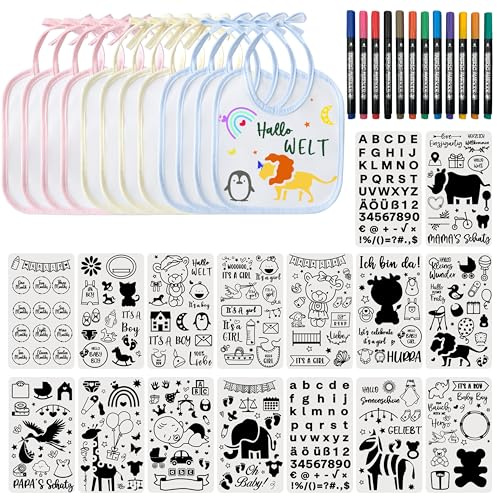 FloraVigo 12 Stück lätzchen baby zum Bem mit 16 Zeichenvorlagen, 12 Textilstiften, Babyparty-Dekorationsspiel, wasserdichte Lätzchen für Babys, Jungen und Mädchen, Babyparty, Tier-Malvorlagen