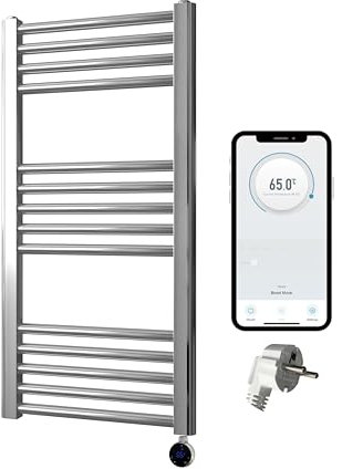 Greened House Scaldasalviette elettrico WiFi Smart Flat Timer programmabile 7 giorni Compatibilità app (UE) (cromo, 400 mm L x 800 mm A)