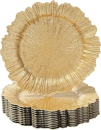 LATERN 12 Piezas Placas Cargadoras de Oro Reutilizables, 33CM Reef Platos Cargadores de Cena de Plástico Platos Redondos Grandes para Servir para Navidad Acción de Gracias Boda Fiesta Mesa Decoración