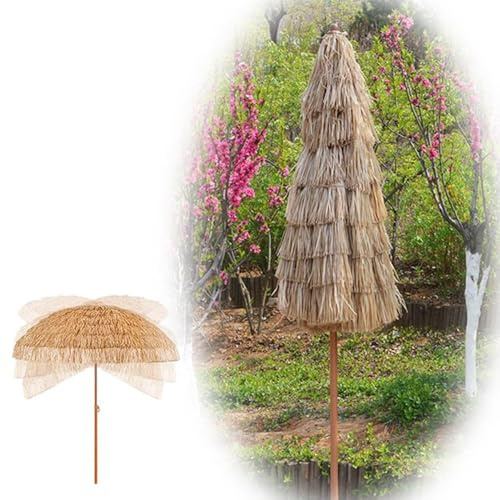 Hawaiianischer Strandschirm 200/240 cm, Verstellbarer Terrassenschirm aus Stroh, exotischer Palmen-Sonnenschirm für den Außenbereich, den Garten und den Strand (200 cm/6,5 Fuß)