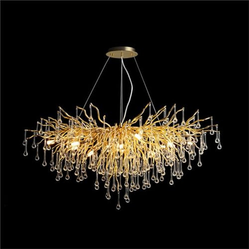 Leomix Moderner Kristallchandelier Mit Goldgestell,Mattierter Baumzweignchandelier, Hängelampen Für Hohe Decken Über Tisch Oder Kücheninsel, Leuchten Für Esszimmer Und Wohnzimmer,Rectangular 100cm