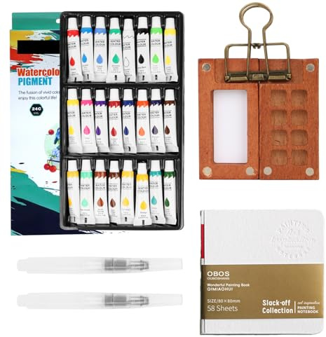 Pocket Aquarell Set, Mini Reise-Set, Weiß-24 | Mit Binder-Clips, Holz Pocket Artist, Skizzenbuch Palette Set, 8 Grids, Für Maler, Künstler, Studenten