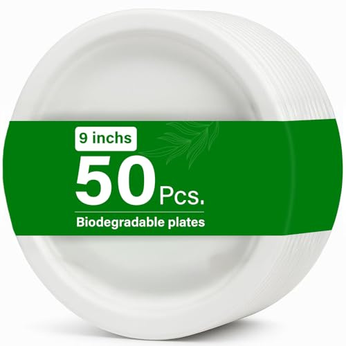 Vivo Technologies 50pc 9 Biodegradable Bagasse Plates Extra Strong Eco Friendly Compostable Plates Made from 100% Natural Sugarcane Fibre, Oil and Cut Resistant, Perfect for Parties and Everyday Use