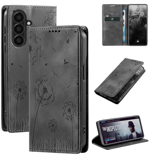 LBH Handyhülle für Samsung Galaxy A56 5G Klapphülle RFID Schutz Kartenfächer Geldfach Design Cover Case Blume Pusteblume Flipcase Schwarz