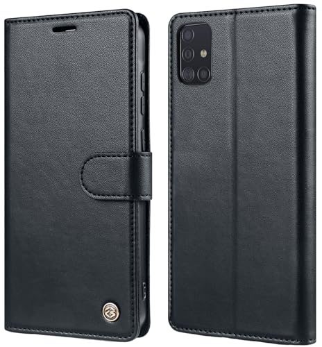 KOGENG Handyhülle für Samsung Galaxy A51 4G Leder PU Hülle, 3 Card Kartenfach Wallet Ständer Smartphone Schutzhülle Stoßfest Flip Case für Samsung A51 4G Klapphülle Cover (Schwarz)