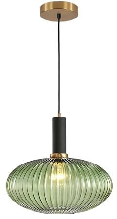 Hnexsei Pendelleuchte aus geriffeltem Glas mit E27 Fassung, höhenverstellbare Hängelampe aus Metall, Deckenleuchte für Küche, Esszimmer und Wohnzimmer (Grün, 30cm)