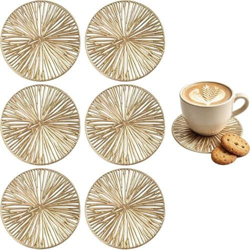 6Pcs Stylish Coasters Set, Gold Round PVC Drink Coaster,Tabletop Protection