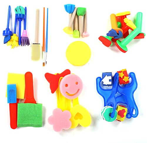 BONKZEBU Ensemble de Pinceaux de Peinture de Tampon en éponge pour Enfants, Artisanat D'art Créatif, Pinceaux en Mousse Réutilisables pour L'éducation Précoce, Tampon en éponge de 30 Pièces pour les