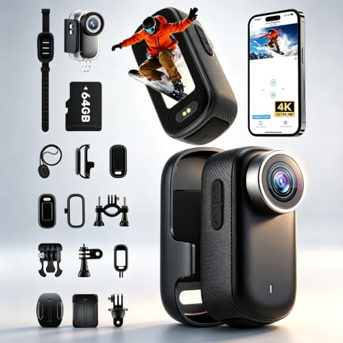 Mini Action Cam 4K 150° 30m wasserdicht mit 64GB Karte | EIS-Stabilisierung, 1,47 Display, 1000mAh, 180 Min, WiFi-App, Magnet, 53g, bis 256GB