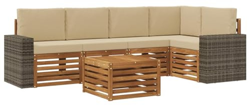 vidaXL Ecksofa Set mit Kissen 6 pcs Natur und Beige Massivholz Akazie, Gartenmöbel, modernes Ecksofa, Outdoor-Lounge, Terrassenmöbel für entspanntes Chillen und Genießen
