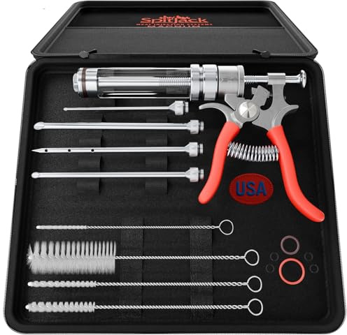 SpitJack Meat Injector Gun for Brisket, Turkey & BBQ - Made in USA Professional Heavy Duty Marinade Injector with 4 Stainless Steel Needles, 50ml Capacity, Repairable Competition BBQ Tool