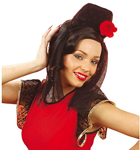 Amakando Spanischer Kopfschmuck Kopfbedeckung mit Schleier Flamenco Tänzerin Hut Rose Minihut Spitze Haarschmuck Damenhut Spanierin Minihut
