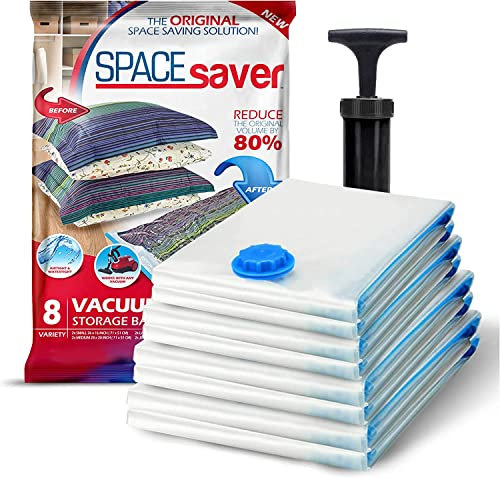 SpaceSaver Vacuum Storage Bags - Space Saver Vacuum Bags for Clothes & Bedding - 8-Pack with Pump