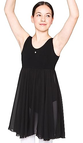 tanzmuster Ballettkleid Helena mit breiten Trägern und langem Chiffon Röckchen. Besonderer Ballettanzug mit Glitzerstein in schwarz, Größe:116/122