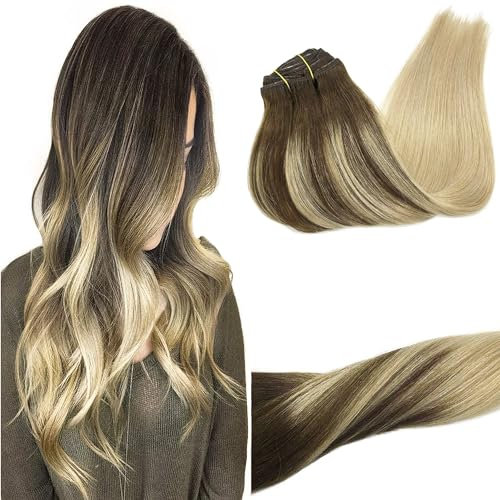 GOO GOO Clip in Extensions Echthaar, 45cm 120g 7pcs, #4/18 Schokoladenbraun bis Dirty Blonde, Remy Clip in Haarverlängerung Echthaar Natürliche Echthaar Extensions Clip