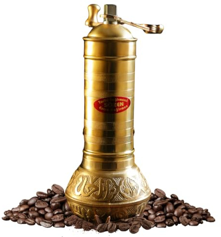 Sozen Manual Coffee Grinder Brass - Adjustable Hand Crank Burr Mill for Turkish Coffee, Espresso & French Press (7.6 Inch – Classic Brass)