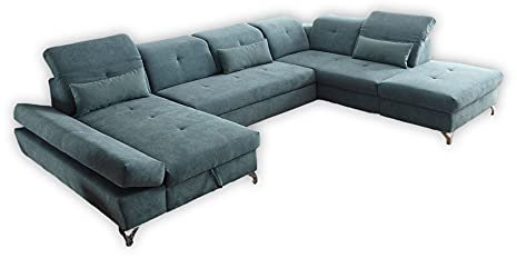 Stella Trading MELFI Wohnlandschaft in U-Form, Stoffbezug Grün - Ausziehbares Sofa mit Schlaffunktion & Bettkasten - 350 x 73 (96) x 245 cm (B/H/T)