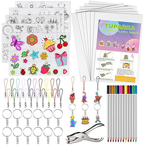 TUPARKA - Kit de lámina de plástico termocontraíble (60 piezas, incluye 10 piezas, papel de película retráctil en blanco y 5 piezas, papel de arte retráctil con diseño, perforación, llavero, lápices,