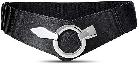 Damen Breiter Elastischer Taillengürtel, Mode Vintage Hüftgürtel mit Silberner Ring-Schließe, Schwarz, S