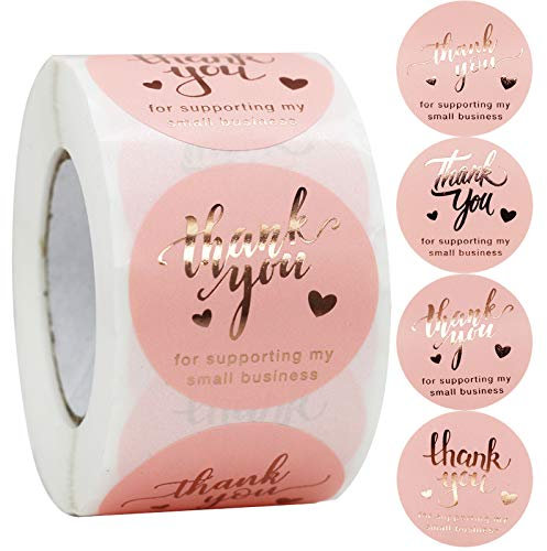JDYFQIAN Aufkleber mit Aufschrift Thank You For Supporting My Small Business, 3,8 cm, 4 Designs, Goldfolie, Dankesaufkleber, Etiketten für Geschäftsleute, Pink, 500 Stück