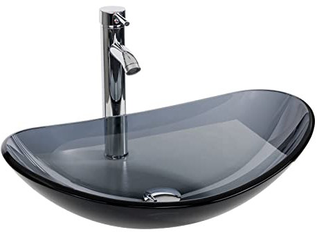 Puluomis Cuenca de lavabo de cristal con forma de barco de baño con grifo y drenaje emergente (cristal gris azulado)