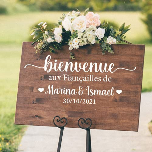 weiyou Bienvenue Personnalisé Au Signe De Décalque De Mariage Décor De Mariage Noms Date De Mariage Personnalisé Autocollant Étanche Amovible (42x62cm), Or,blanc