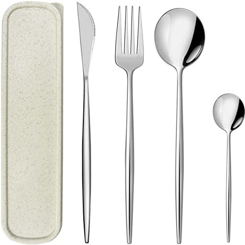 Ménagères Assorties en Acier Inoxydable, 4 Pcs Couverts Camping Set de Voyage, Portable Table Couverts avec Porte-couverts Écologique en Paille de Blé pour l'extérieur, École Lunch Box