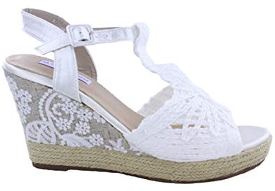 LARES Alpargatas novia blancas de Plataforma. Sandalias con cuña esparto de mujer con encaje blanco y desdos descubiertos. Talla: 37