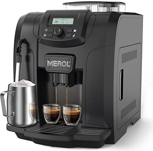 MEROL - Cafetera automática de café expreso, cafetera barista de 19 bares con molinillo y espumador manual de leche para capuchino latte macchiato, negro