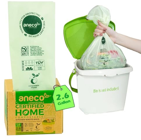 ANECO Lot de 100 sacs poubelle 100 % compostables, sac déchets vert de 7 litres, très épais, petits sacs compostables pour poubelle de comptoir