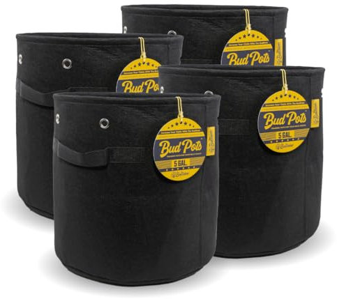 BudPots 5Ga - 4Pack|Reinforced LST Low-Stress Training Fabric Pots|8 Training Grommets|Metal-Lined Non-Collapsible Top|Ultra-Thick 400GSM Recycled Polyester|Lasts 5+ Years