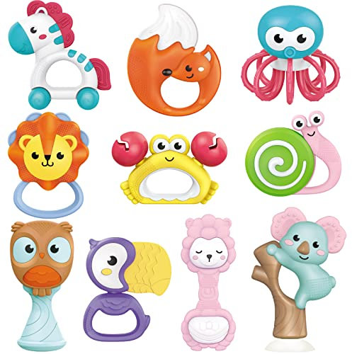 fiouni Rassel-Beißring-Set Babyspielzeug Greifspielzeug Baby ab 0 3 6 9 12 Monate für Jungen Mädchen Baby Geschenke 10 Stück