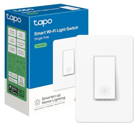 TP-Link Tapo Smart Light Switch, Single Pole, Neutral Wire Required, 2.4GHz Wi-Fi Light Switch Compatible with Alexa and Google Home, UL Certified, No Hub Required, White (Tapo S500)