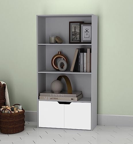 URBNLIVING 4 Tier Wide Grey Wooden Bookcase Cupboard with 2 Doors Storage Shelving Display Shelf Cabinet Unit (Grey With White Doors)
