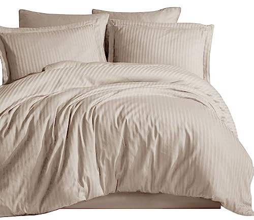 Hafaa Satin Stripe King Size Duvet Cover Sets Beige - Premium Hotel Quality Quilt Cover Bedding Sets - Hypoallergenic Ultra Soft Brushed Microfiber Bed Linen